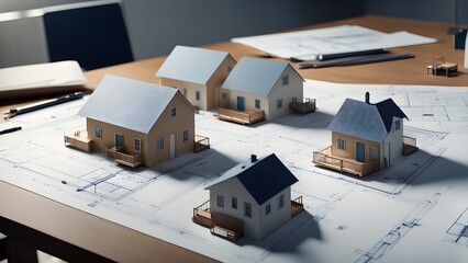 Architectural house models arranged on blueprints, showcasing a real estate development or home design concept.