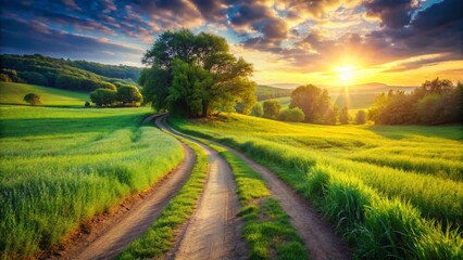Naklejka premium Serene Rural Path: Sunlit Country Lane with Deep Depth of Field