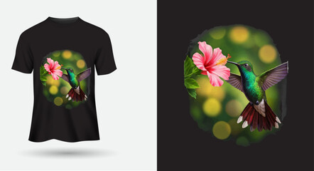 T-shirt design hummingbird with flowers back round.