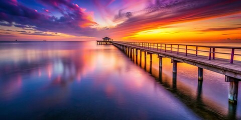 Serene Seascape: Wooden Pier Extending into Calm Ocean at Sunset
