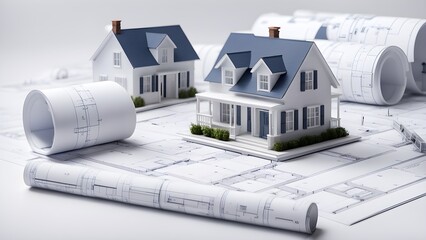 Architectural house models and blueprints showcasing new home construction planning.