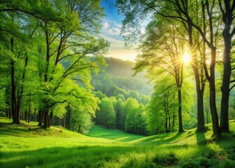 Obraz premium Serene Spring Forest Wallpaper: Lush Green Leaves & Copy Space Background