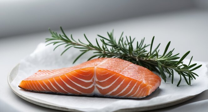 A piece of salmon on a white surface with a sprig of rosemary.