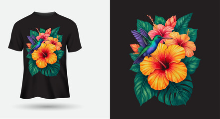T-shirt design hummingbird with flowers back round.