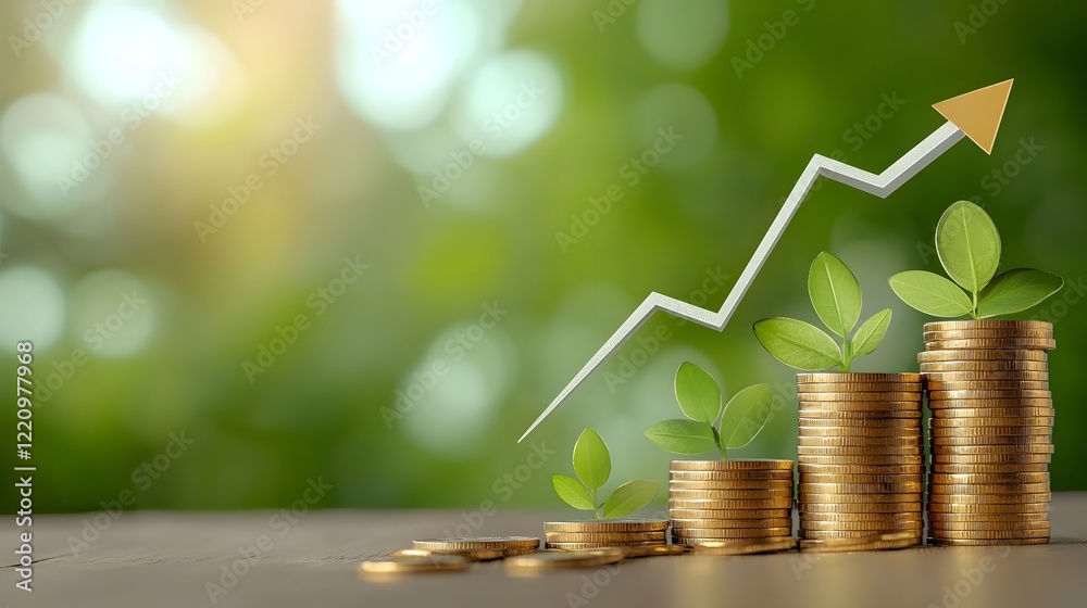 Poster Visualization of Business Success with Neatly Stacked Coins and an Upward Arrow Showcasing Positive Financial Growth and Strategic Investment Planning for Wealth Prosperity and Future Profits