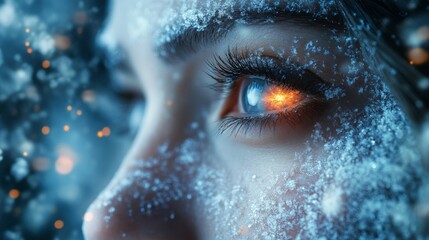 Close-up of a woman's eye glowing with icy details