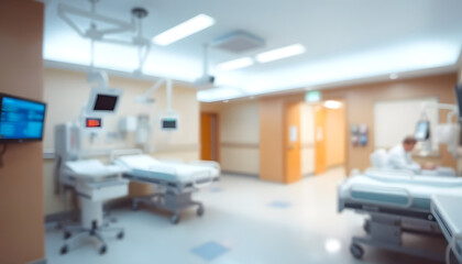 A blurred hospital interior with a bright white corridor and large panoramic windows, creating a clean and professional medical concept background. Ideal for banner designs with copy space.

