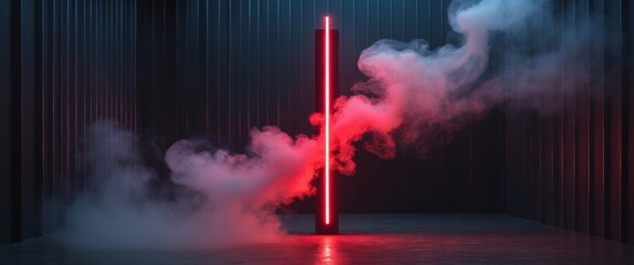 A vertical red neon light illuminates a dark room filled with swirling smoke
