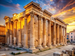 Obraz premium Minimalist Athens: Hadrian's Library, Ancient Greek Ruins, Sunlit Columns, Marble Architecture, Historical Site