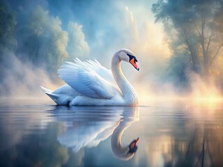 Fototapeta premium Serene Swan Lake: Double Exposure of Graceful Bird and Misty Water