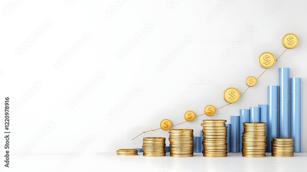 Poster vibrant financial chart with stacks of golden coins and dollar symbols emphasizing the concept of in