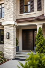 Modern House Exterior: Elegant Stone Facade and Landscaping Design. Luxurious Residential Property Entrance with a captivating view.