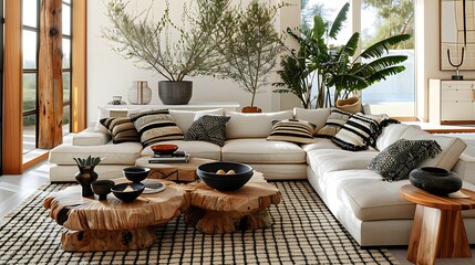 Cozy Modern Living Room with Neutral Tones and Greenery

