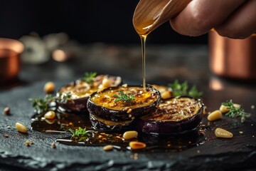 Gourmet grilled eggplant with honey drizzle and pine nuts on rustic slate for elegant dining