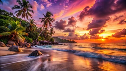 Seychelles Paradise Coast Sunset Panorama - Long Exposure Photography