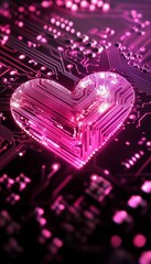Obraz premium Intricate heart design on circuit board pink lines blend technology and love with soft lighting