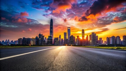 Obraz premium Shenzhen Skyline Silhouette: Dramatic Asphalt Square Road and City Panorama at Dusk