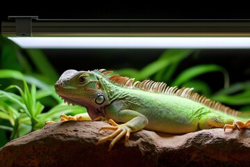 Fototapeta premium A green iguana basking on a rock under a heat lamp, with tropical plants in the background