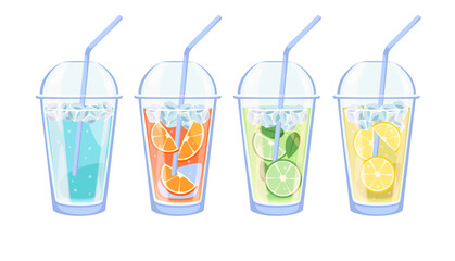 Drinks with fruit and ice. Water with oranges, limes and lemons. Antioxidant detox beverage in takeaway plastic glass. Healthy vitamin ingredients. Cartoon flat style isolated vector set