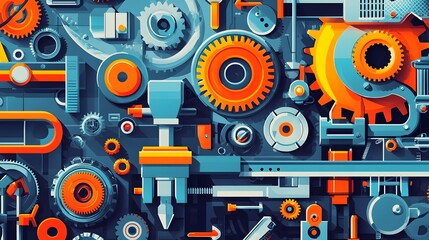 Obraz premium Creative Mechanical with Vibrant Gears and Tools in Flat Design