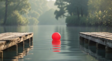 Calm waterfront with a wooden dock and solitary red float in tranquil water.