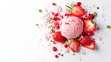 Delightful Strawberry Ice Cream with Toppings, A Colorful Dessert Explosion Featuring Fresh Fruits and Decorative Elements on a Bright Background