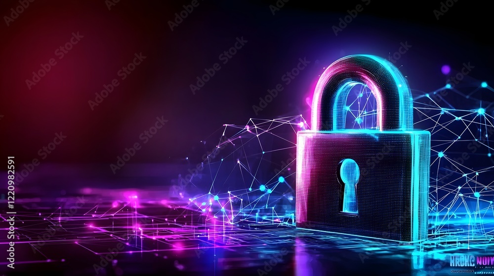 Poster Glowing Cybersecurity Lock Icon with Interconnected Digital Networks Symbolizing Internet Security and Technology Awareness During National Cyber Security Awareness Month in October