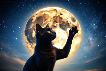 Silhouette Black Cat Leaping, Mystical Night, Reaching Up, Feline Jump