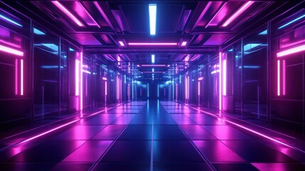 Fototapeta premium Neon Lights Corridor: Futuristic Cyberpunk Synthwave Tunnel