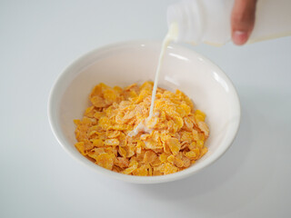 Lifestyle Health care Concept. Cereal breakfast menu with milk as an ingredient, providing energy to the body. Brain-nourishing breakfast for people of all ages. Cereal with a mixture of nutrients