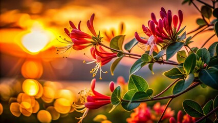 Silhouetted Blooming Honeysuckle Vine at Sunset - Nature Stock Photo