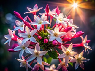 Silhouetted Close-Up of Delicate White and Pink Star Jasmine Blossoms