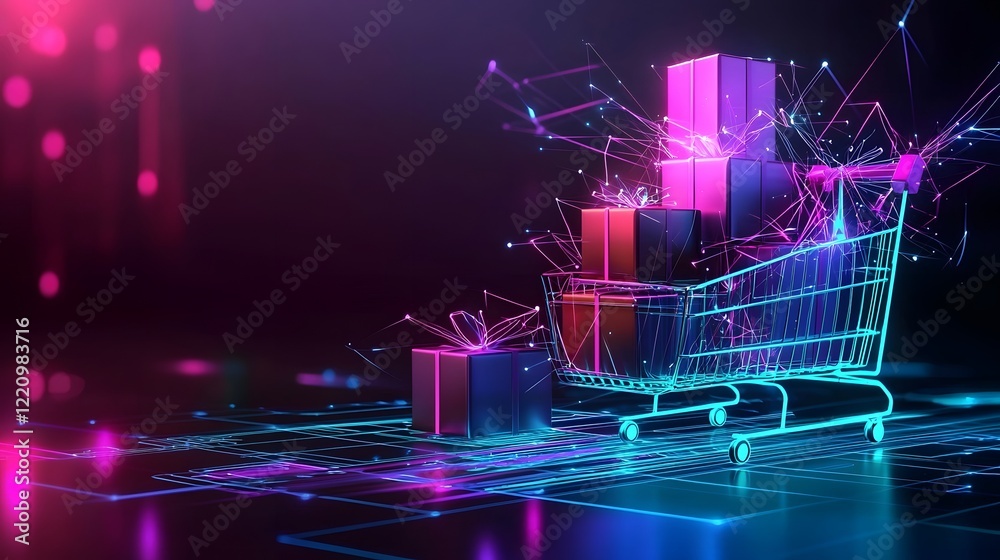 Poster bright and festive shopping cart filled with colorful gift boxes set against a soft glowing and spar
