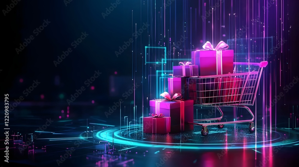 Poster a brightly lit and festive shopping cart filled with a collection of colorful gift boxes set against