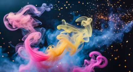Colorful smoke swirls with glowing particles create a mesmerizing abstract display at night.