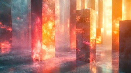 Abstract glowing columns in fiery orange hues