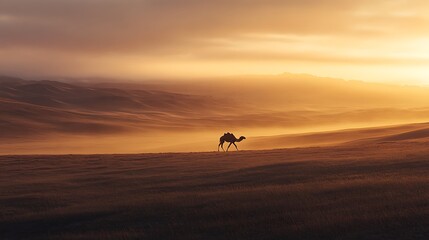 Solitary camel silhouetted against a hazy desert sunset.