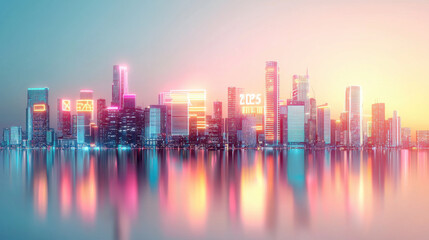 Obraz premium Futuristic cityscape with neon lights reflecting on water