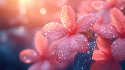 Fototapeta premium Pink flowers with dewdrops in soft sunlight