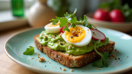 Bruschetta with avocado, egg and radish