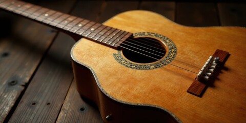 Fototapeta premium A wooden acoustic guitar rests on a rustic surface, showcasing its natural wood grain and intricate details.