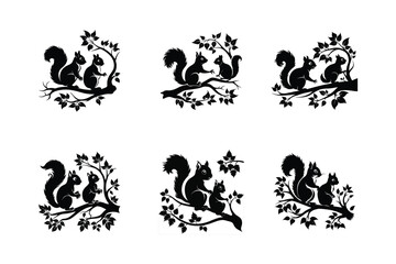 Black Silhouettes of Squirrels on a White Background