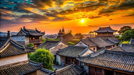 Silhouette of Ancient Ming & Qing Dynasty Villages at Sunset, Nanshe, Dongguan, Guangdong, China
