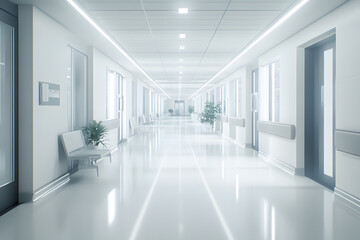A blurred hospital interior with a bright white corridor and large panoramic windows, creating a clean and professional medical concept background. Ideal for banner designs with copy space.

