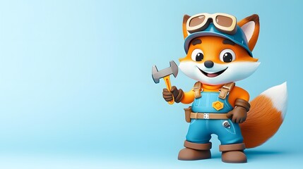 Friendly Cartoon Fox Construction Worker Holding Wrench and Smiling