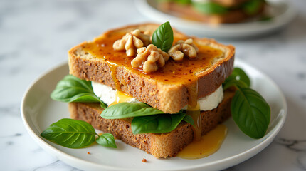 A fully framed healthy sandwich on flaxseed bread with goat cheese, walnuts, honey, and fresh basil leaves. 