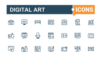 Set of Digital Art line icons. Includes thin line pen, art, website, idea, paint and more. Pixel perfect. Vector outline and solid icons collection.