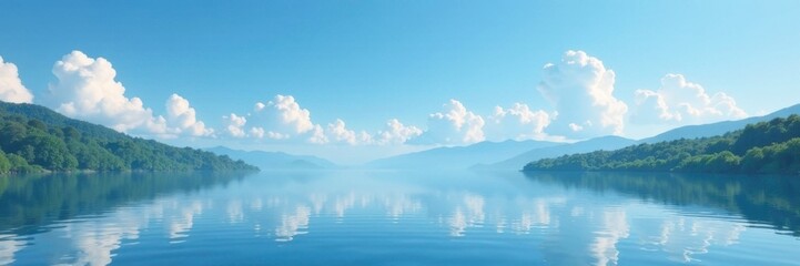 Fototapeta premium Gentle clouds drift across a serene lake surface, blue sky, peaceful landscape