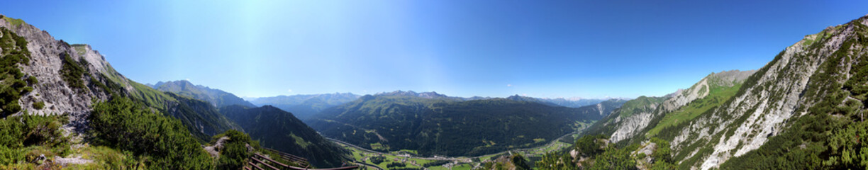 Panoramic view of Klostertal valley and Verwall mountain group, seen from Grafenspitze mountain in the Vorarlberg Alps, Austria