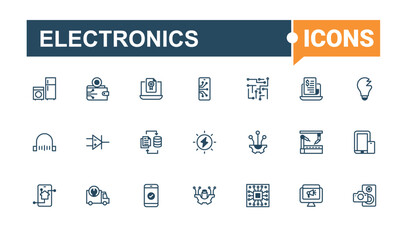 Electronics lined icons set. Contains such icons as devices, tick, electronic, equipment, tv, drive, camera and more. Flat UI icon design. Solid line editable stroke. Vector line and solid icons.